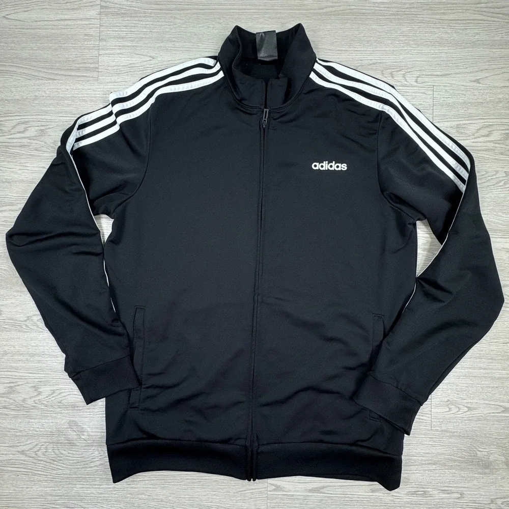 Adidas Men's Track Jacket Full Zip Black Large 3 Stripe Athletic Sportswear Y2K